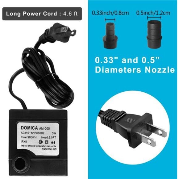 90 GPH Mini Submersible Pump, Small Fountain Pump (5W 350L/H) for water feature - Picture 4 of 7